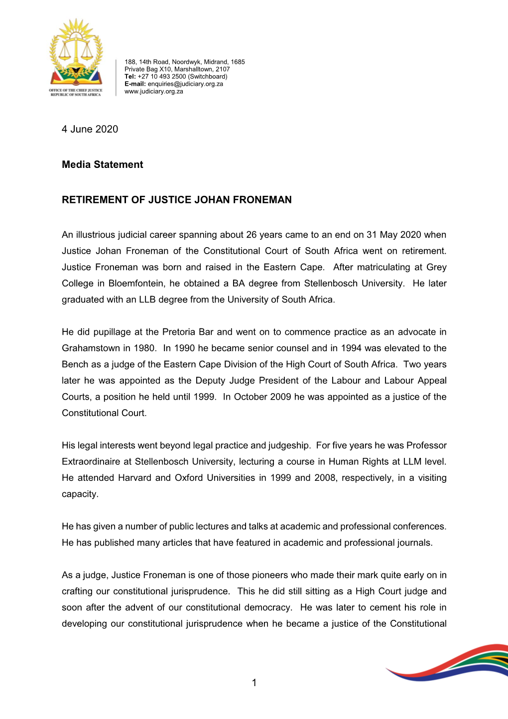 Retirement of Justice Froneman