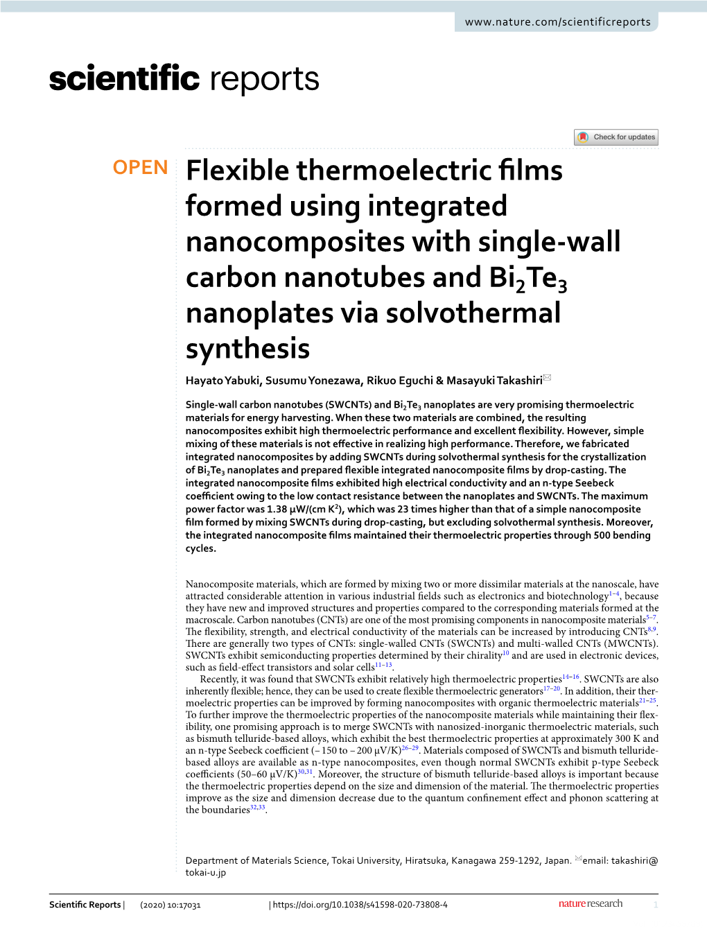 Flexible Thermoelectric Films Formed Using Integrated Nanocomposites