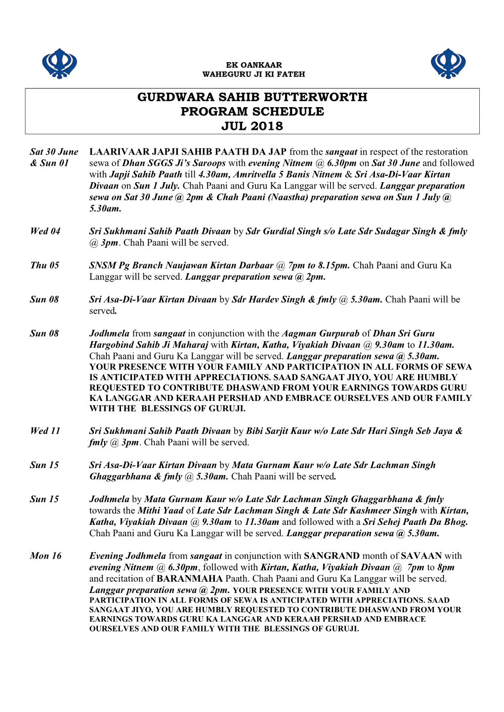 Gurdwara Sahib Butterworth Program Schedule Jul 2018