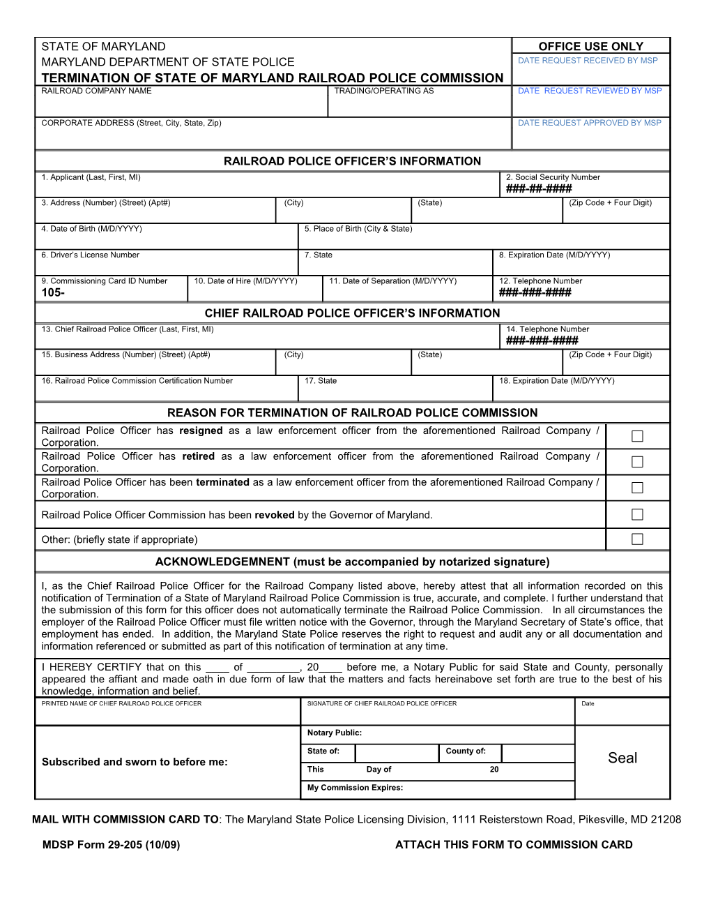 MDSP Form 29-205 (10/09) ATTACH THIS FORM to COMMISSION CARD