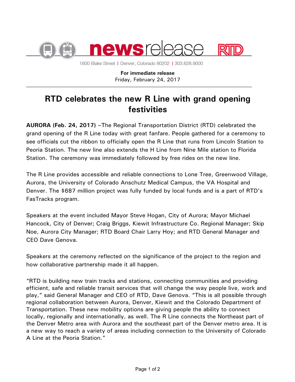 RTD Celebrates the New R Line with Grand Opening Festivities