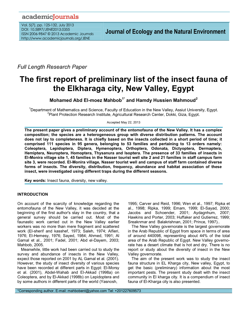 The First Report of Preliminary List of the Insect Fauna of the Elkharaga City, New Valley, Egypt