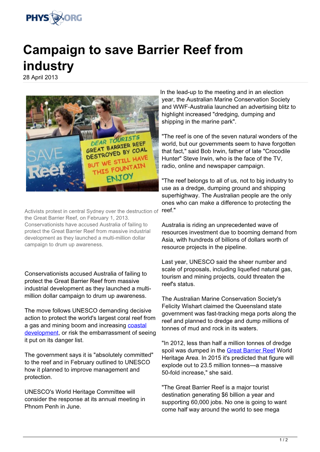 Campaign to Save Barrier Reef from Industry 28 April 2013
