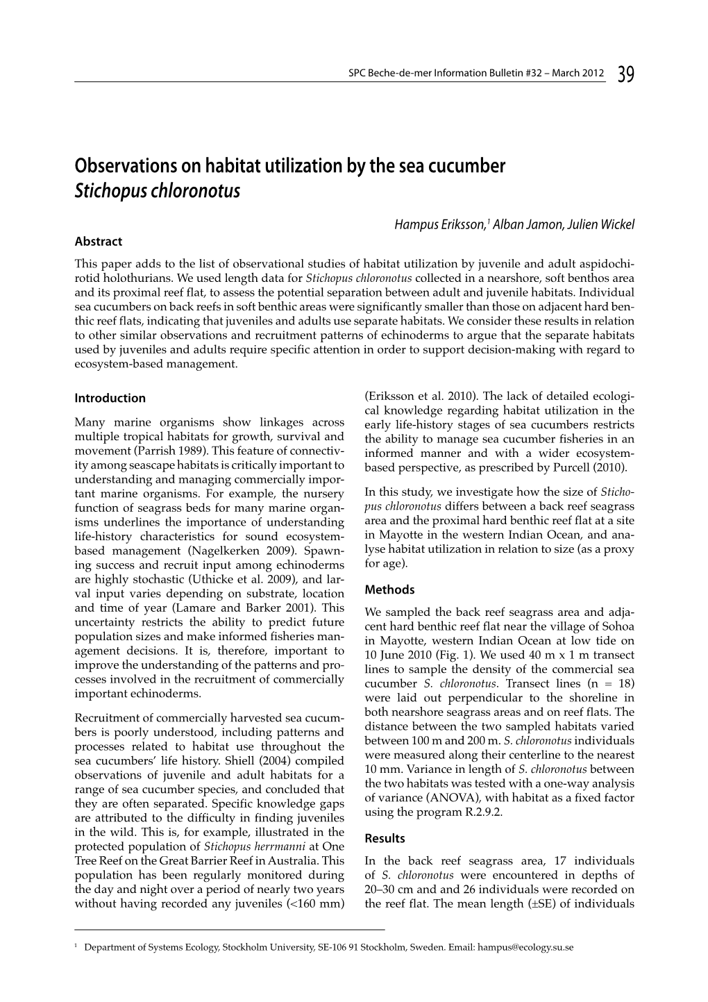 Observations on Habitat Utilization by the Sea Cucumber Stichopus Chloronotus