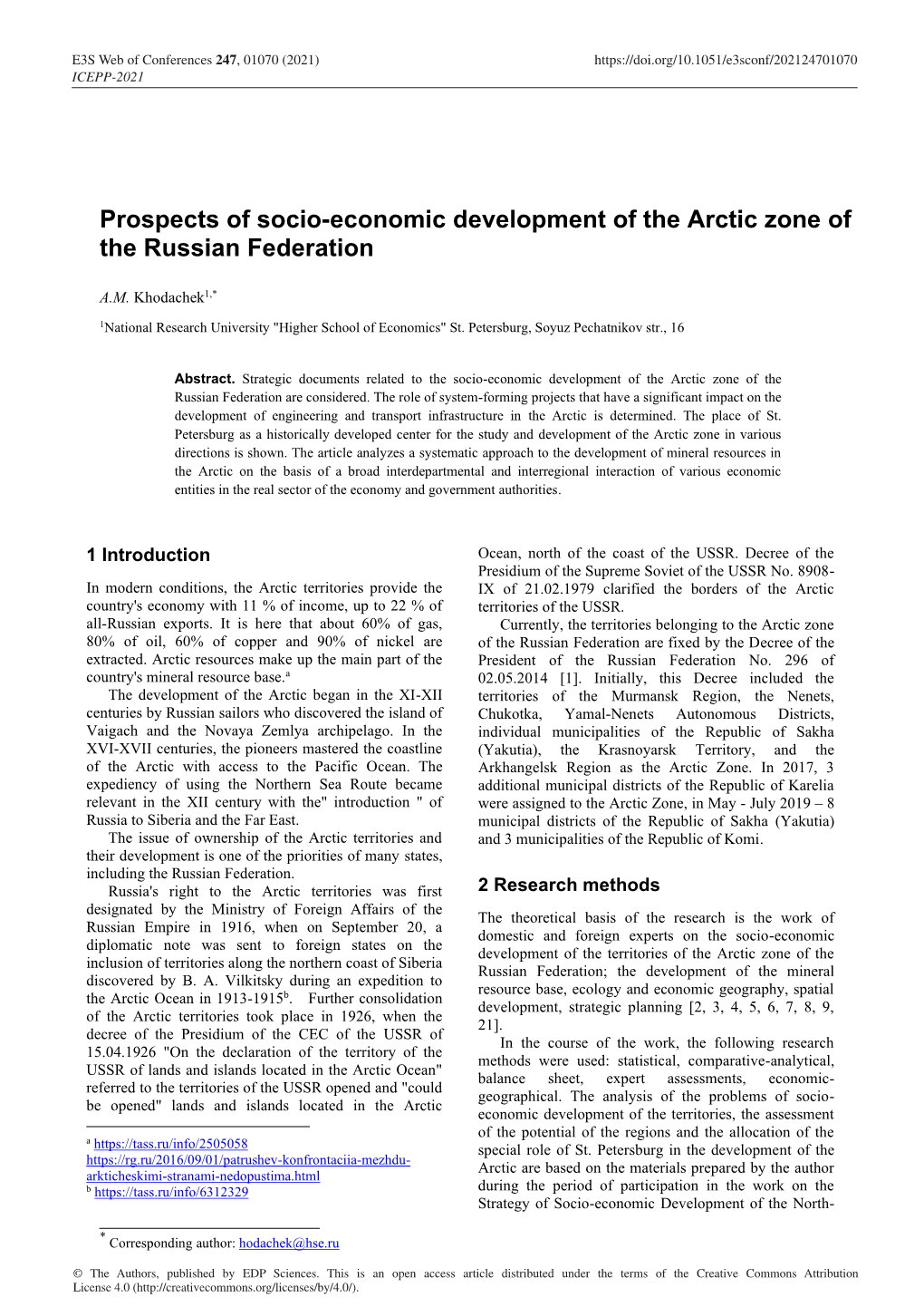 Prospects of Socio-Economic Development of the Arctic Zone of the Russian Federation