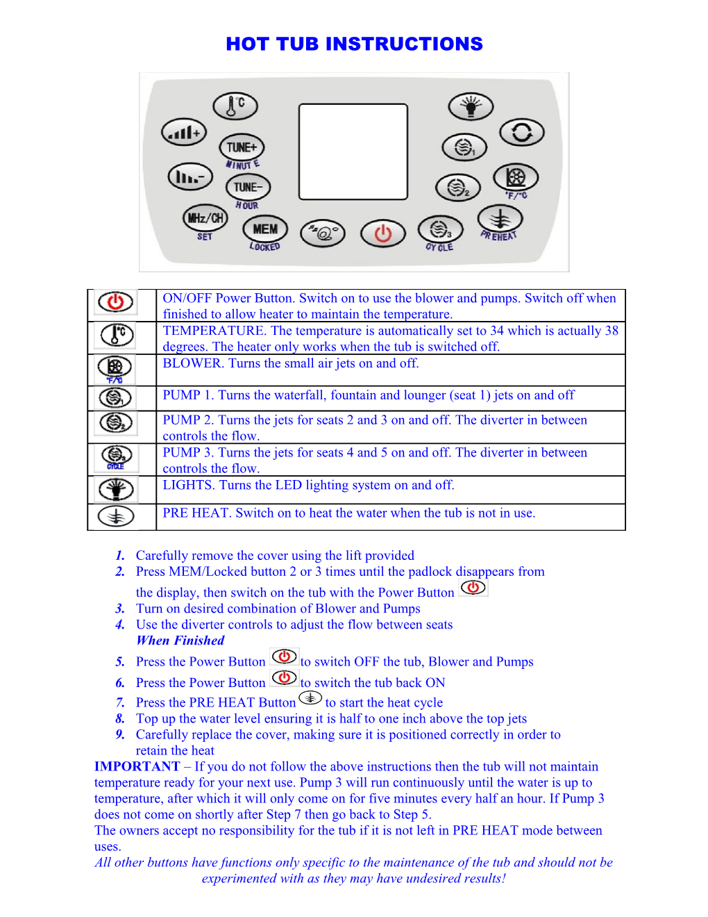 Hot Tub Instructions