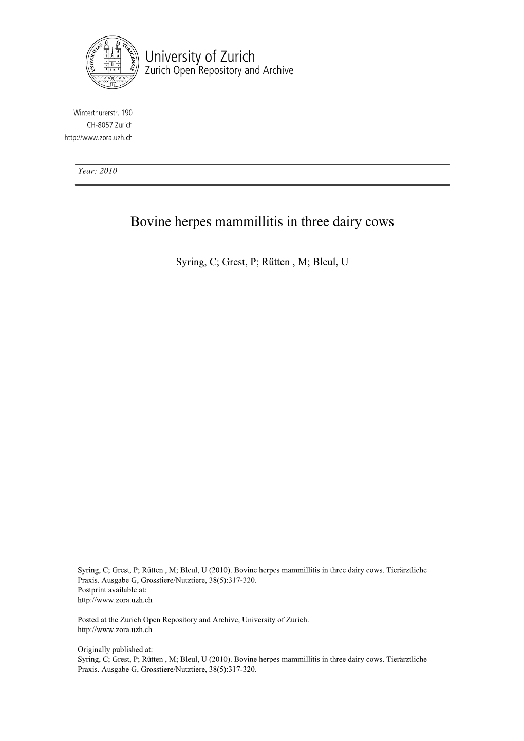 'Bovine Herpes Mammillitis in Three Dairy Cows'