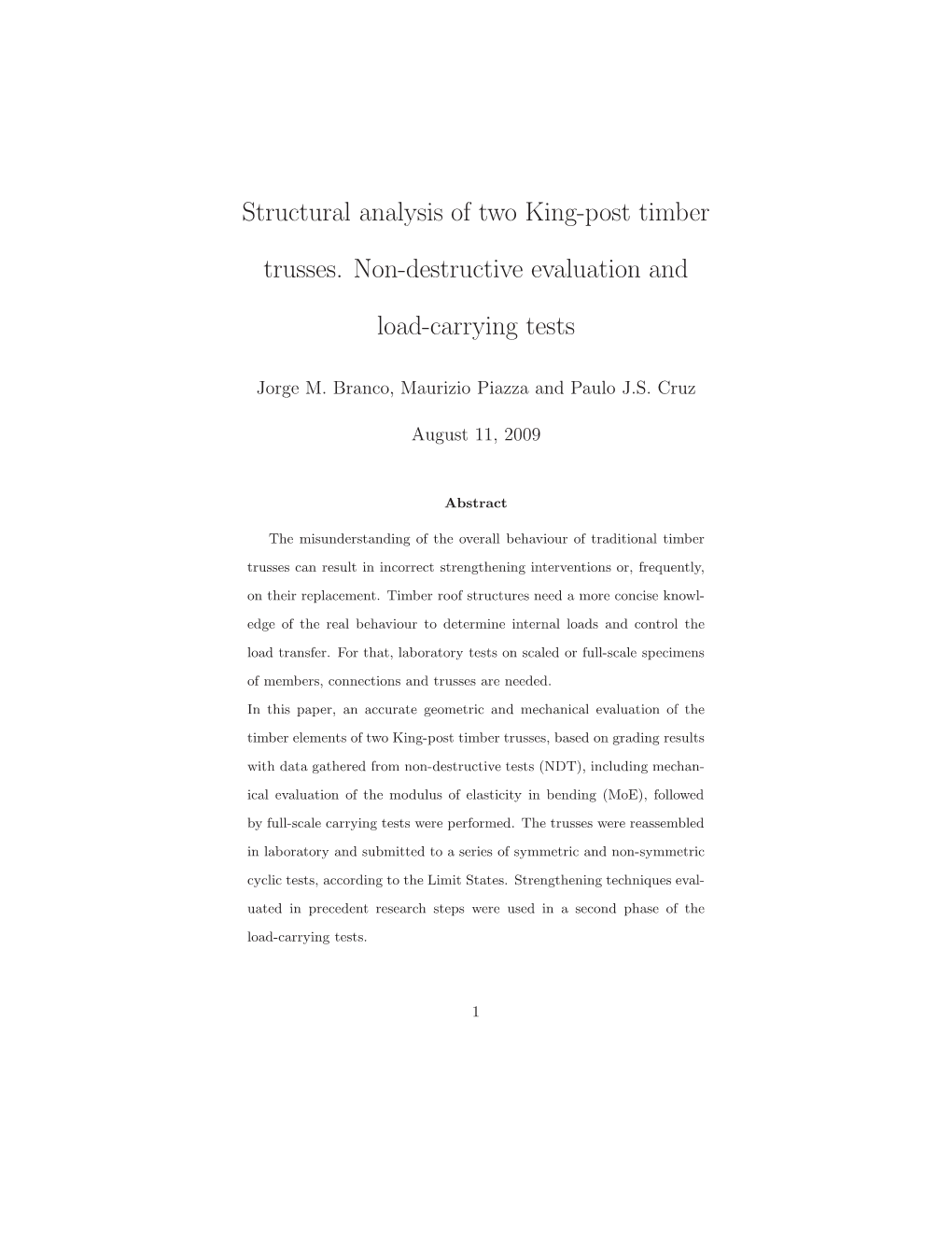 Structural Analysis of Two King-Post Timber Trusses. Non