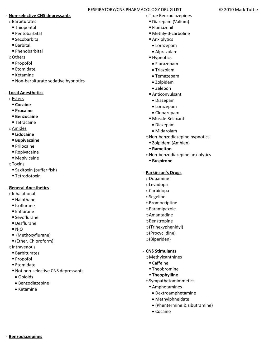 RESPIRATORY/CNS PHARMACOLOGY DRUG LIST 2010 Mark Tuttle