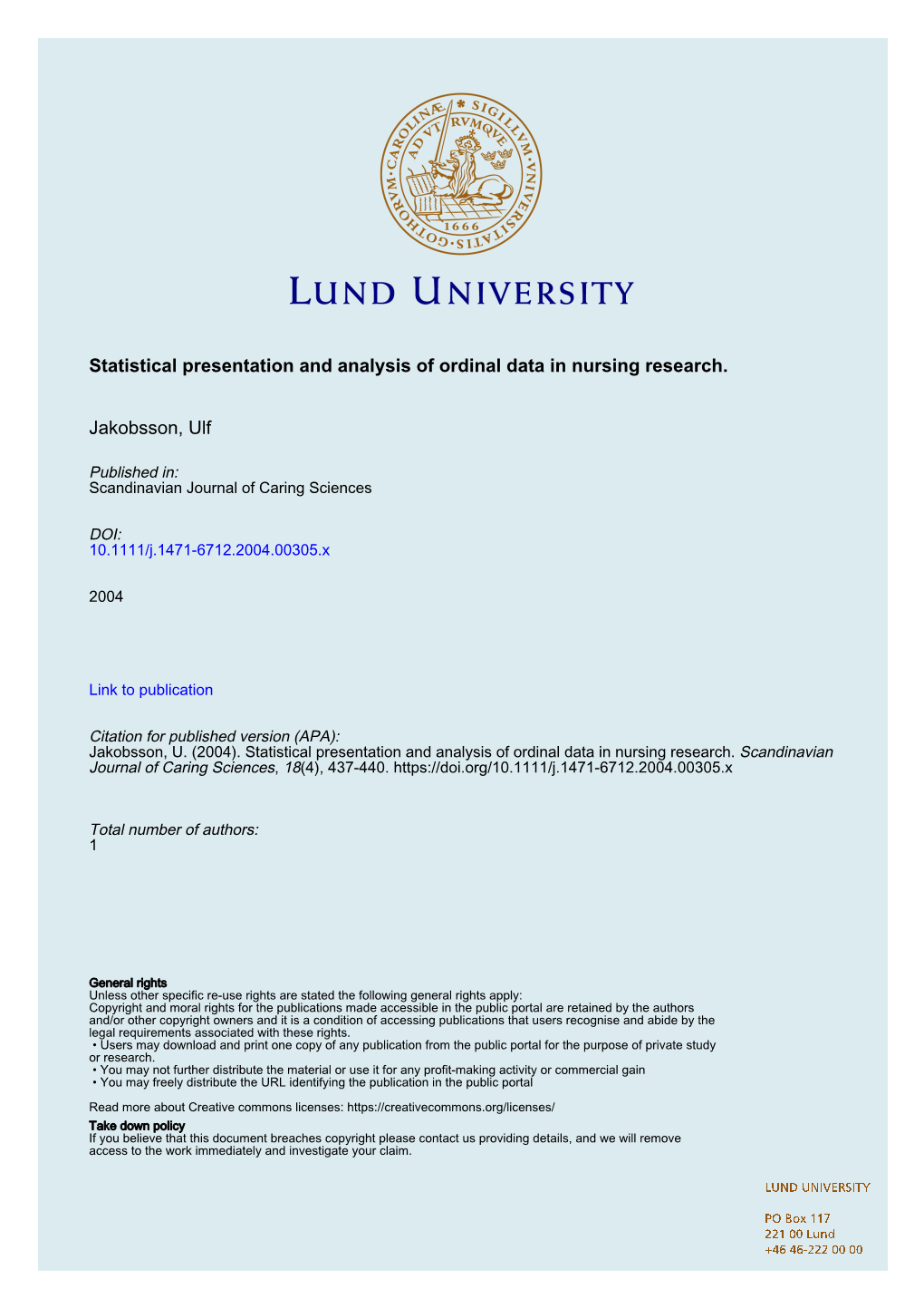 Statistical Presentation and Analysis of Ordinal Data in Nursing Research