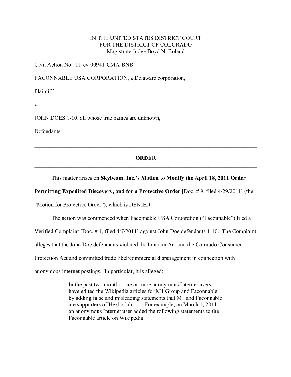 IN the UNITED STATES DISTRICT COURT for the DISTRICT of COLORADO Magistrate Judge Boyd N