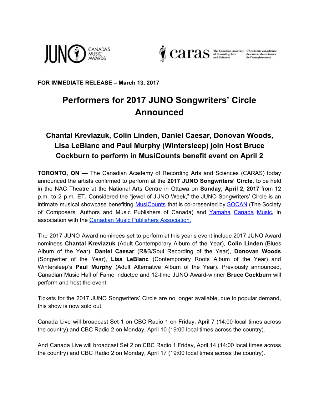Performers for 2017 JUNO Songwriters' Circle Announced