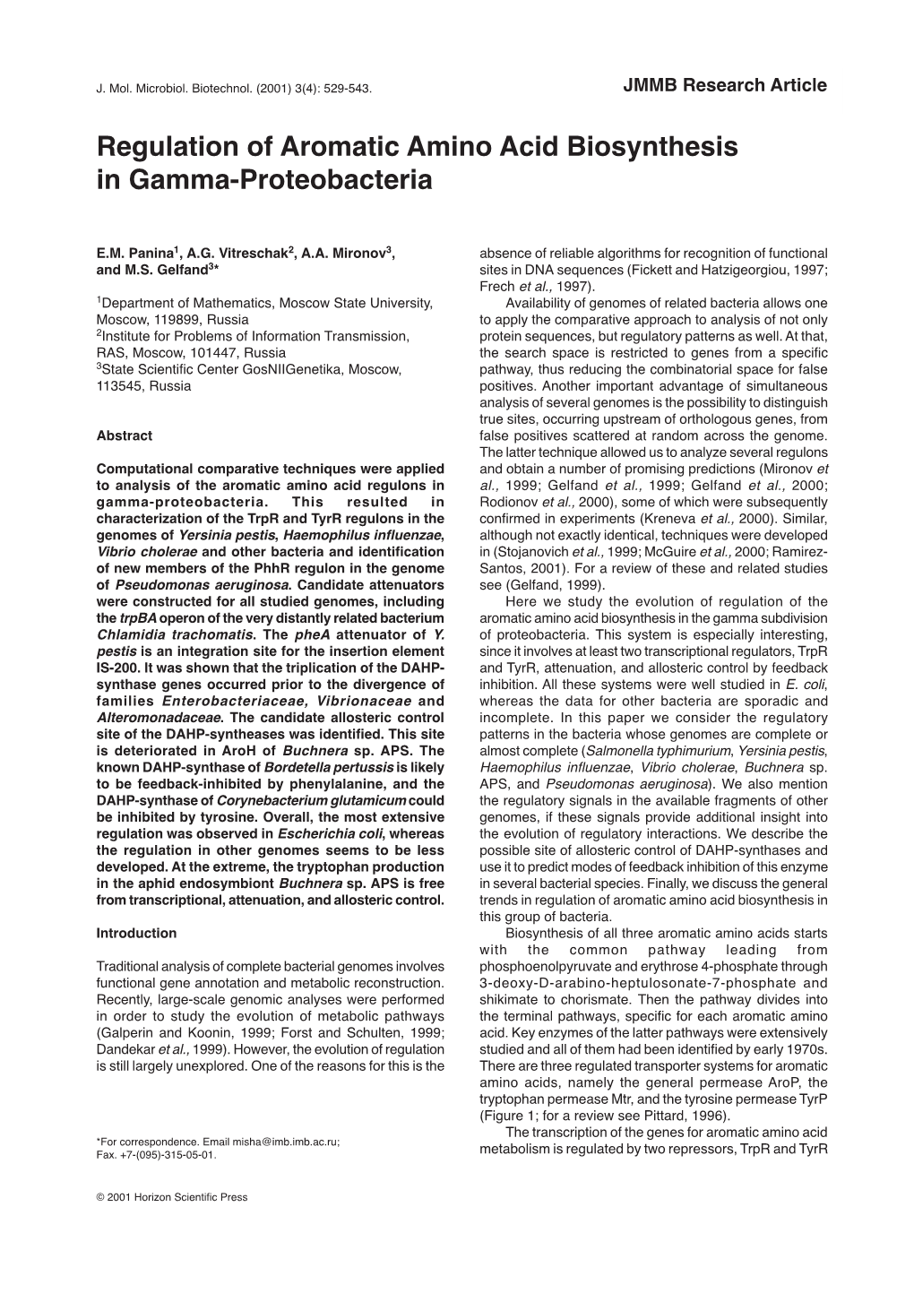 Regulation of Aromatic Amino Acid Biosynthesis in Gamma-Proteobacteria