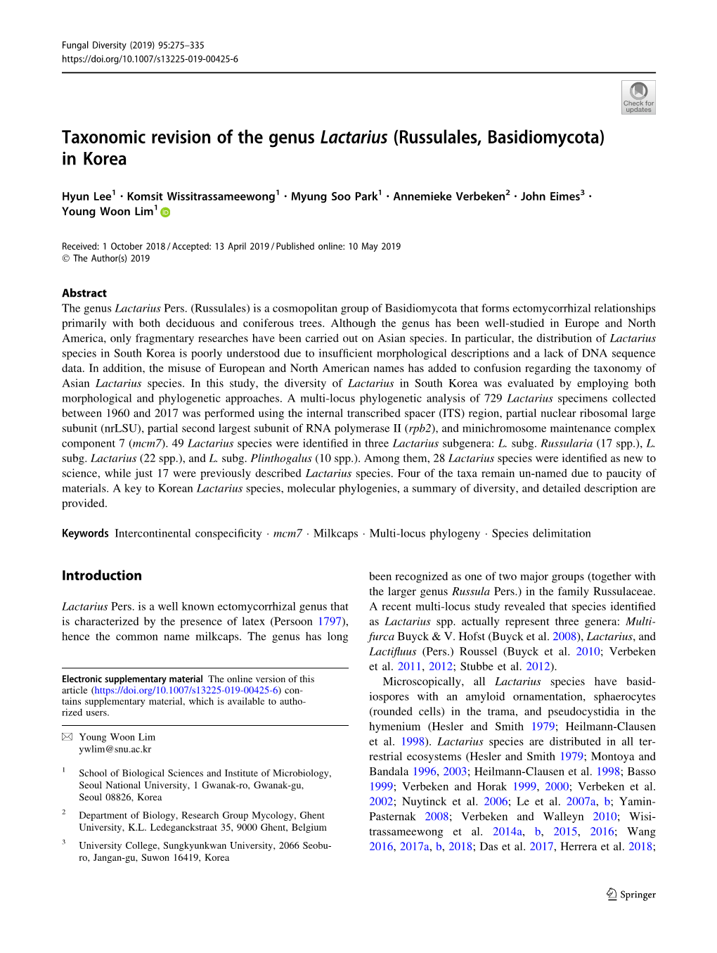 Taxonomic Revision of the Genus Lactarius (Russulales, Basidiomycota) in Korea