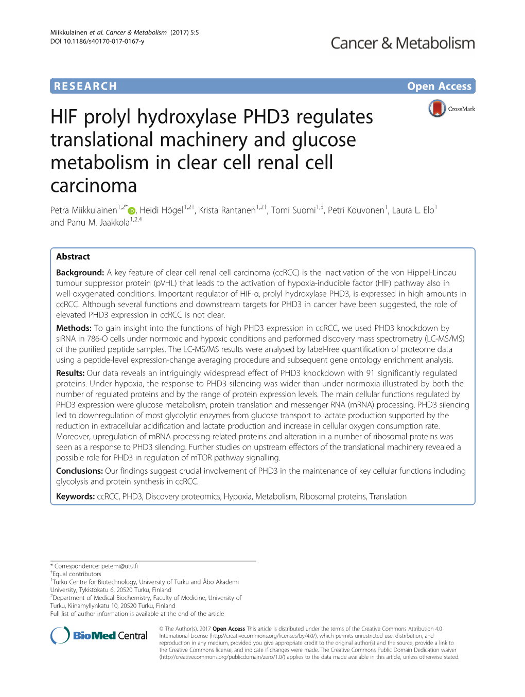 HIF Prolyl Hydroxylase PHD3 Regulates Translational Machinery