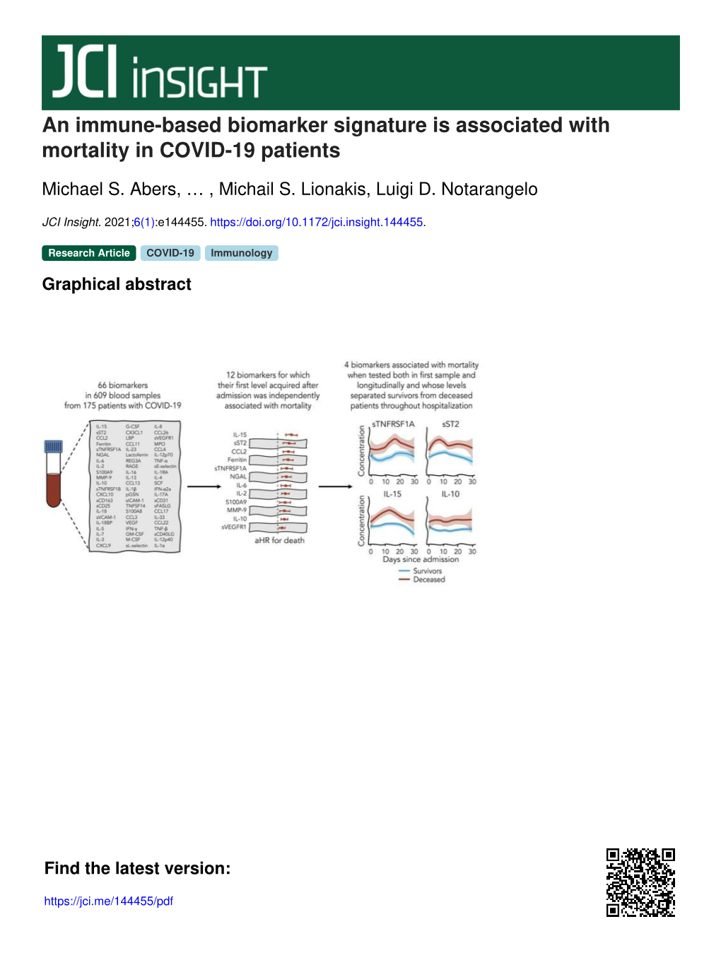 An Immune-Based Biomarker Signature Is Associated with Mortality in COVID-19 Patients