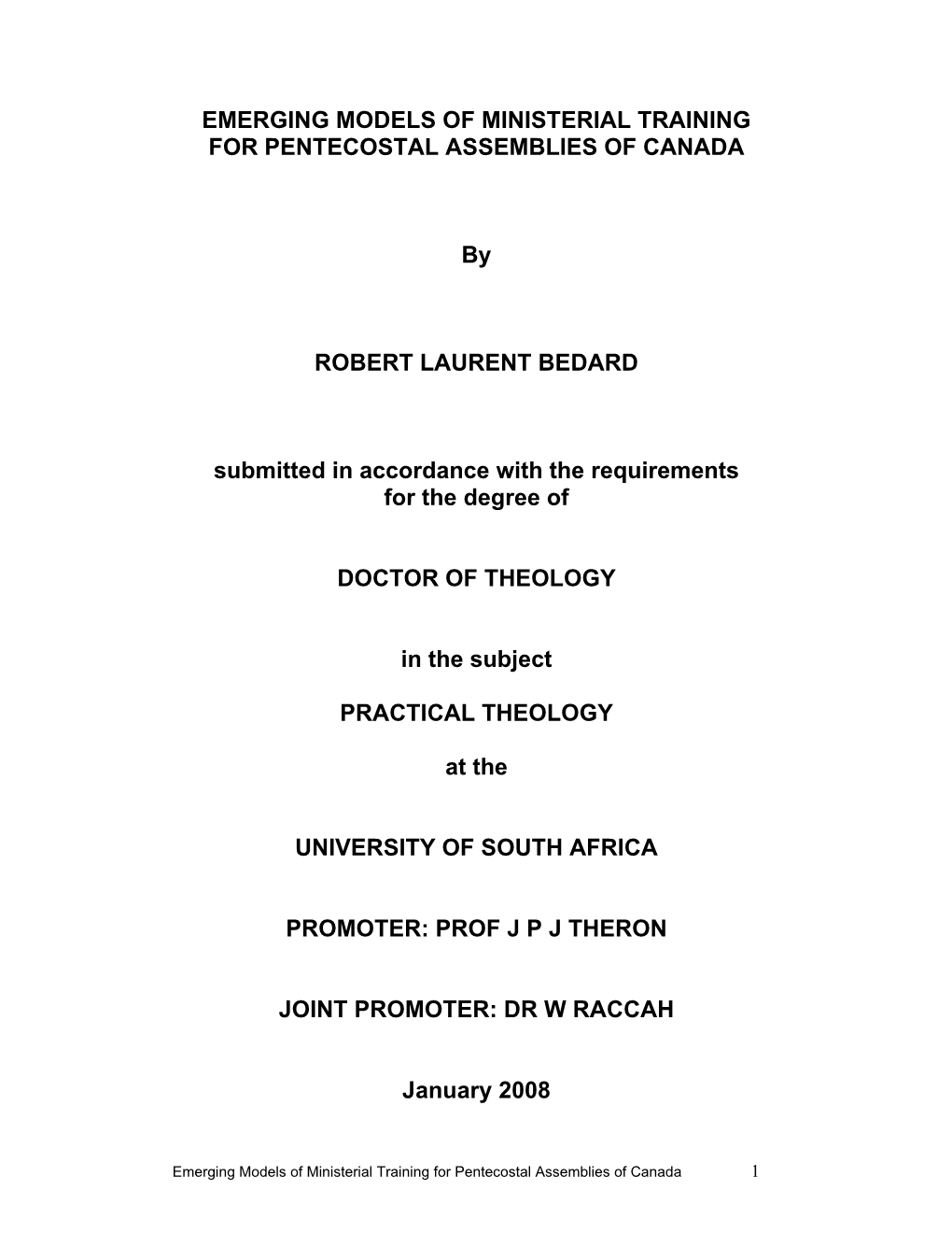 Emerging Models of Ministerial Training for Pentecostal Assemblies of Canada