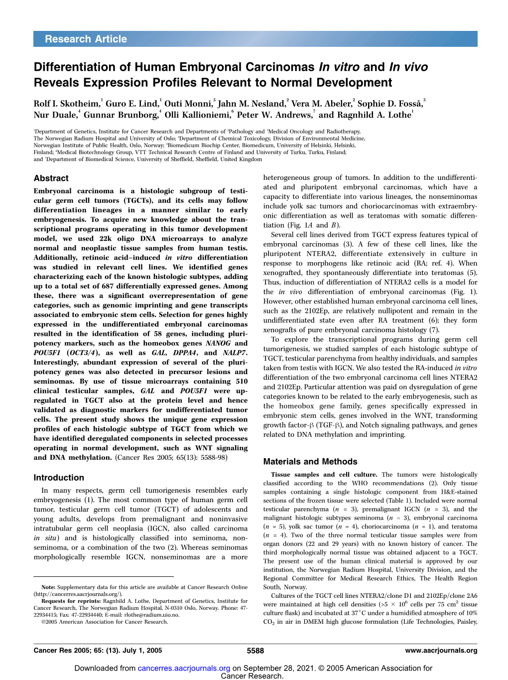 Differentiation of Human Embryonal Carcinomas in Vitro and in Vivo Reveals Expression Profiles Relevant to Normal Development