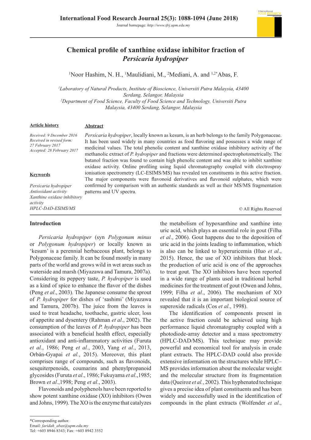 Chemical Profile of Xanthine Oxidase Inhibitor Fraction of Persicaria Hydropiper