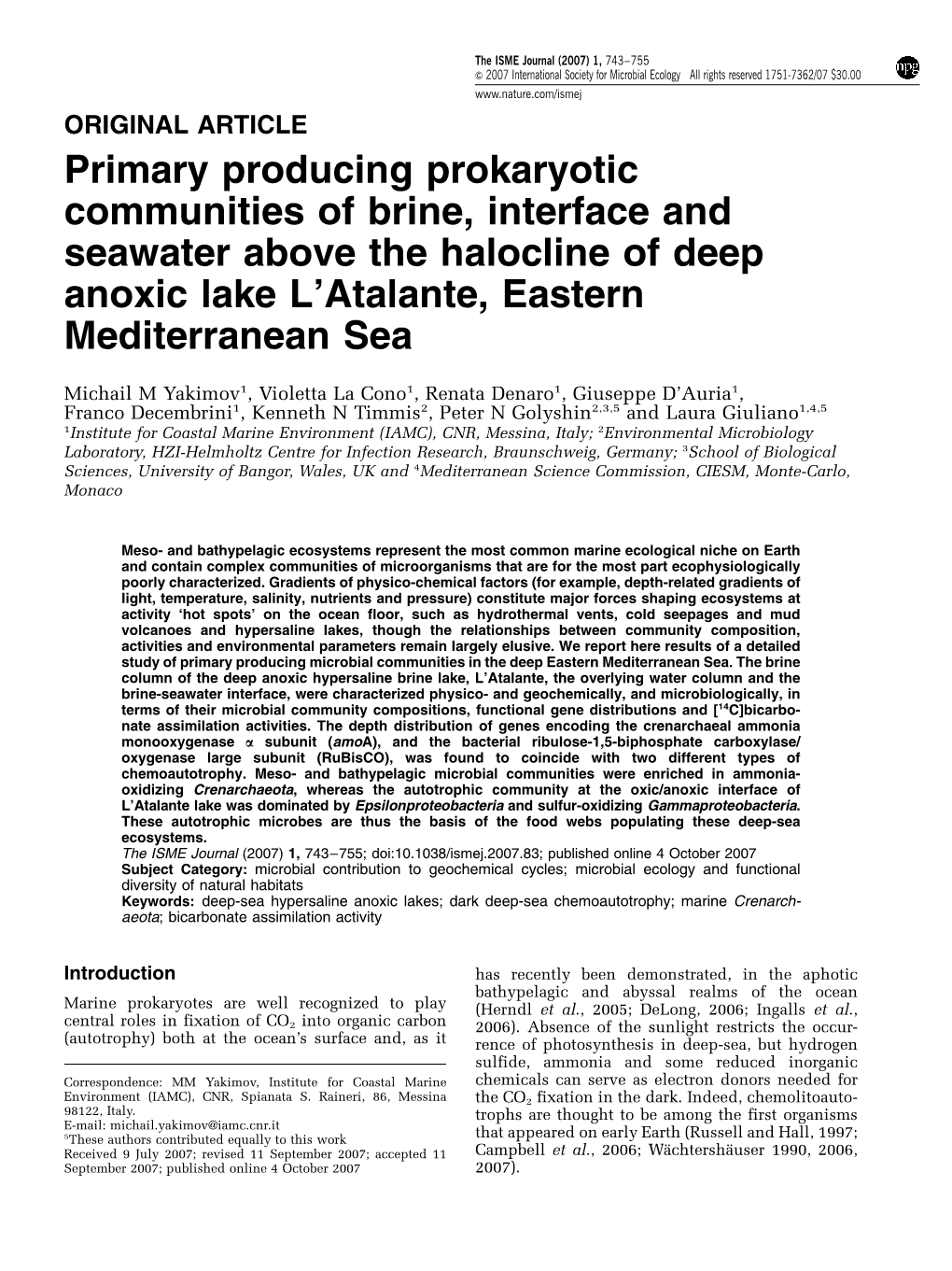 Primary Producing Prokaryotic Communities of Brine, Interface and Seawater Above the Halocline of Deep Anoxic Lake L'atalante