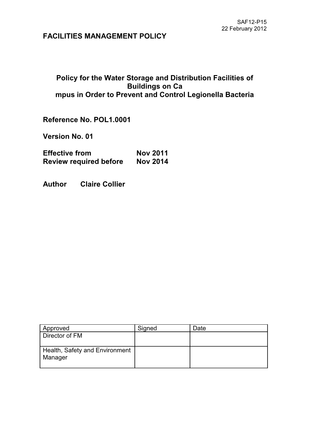 Policy for Legionella Management