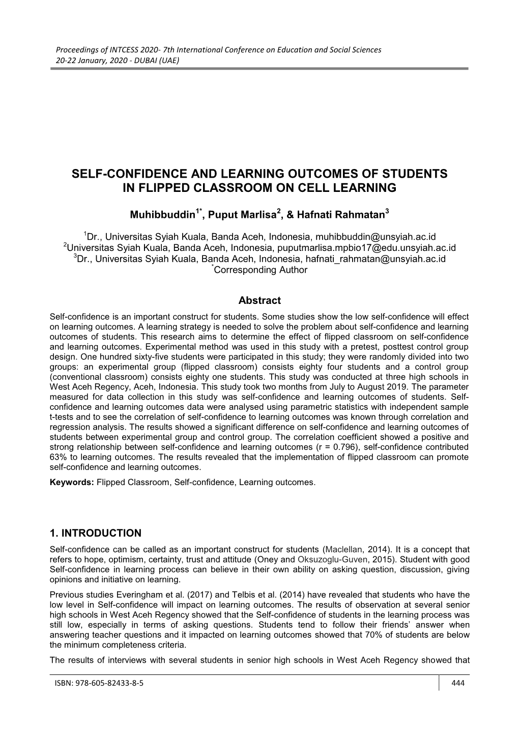 Self-Confidence and Learning Outcomes of Students in Flipped Classroom on Cell Learning