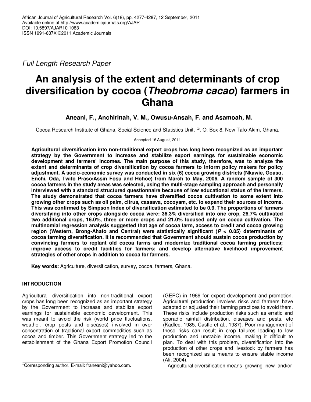 An Analysis of the Extent and Determinants of Crop Diversification by Cocoa (Theobroma Cacao ) Farmers in Ghana