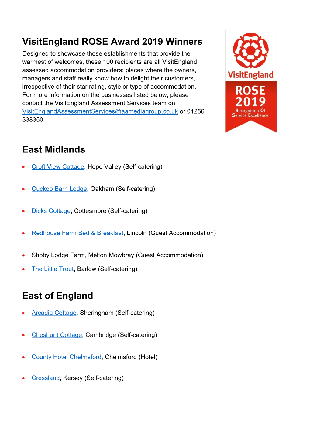 Visitengland ROSE Award 2019 Winners