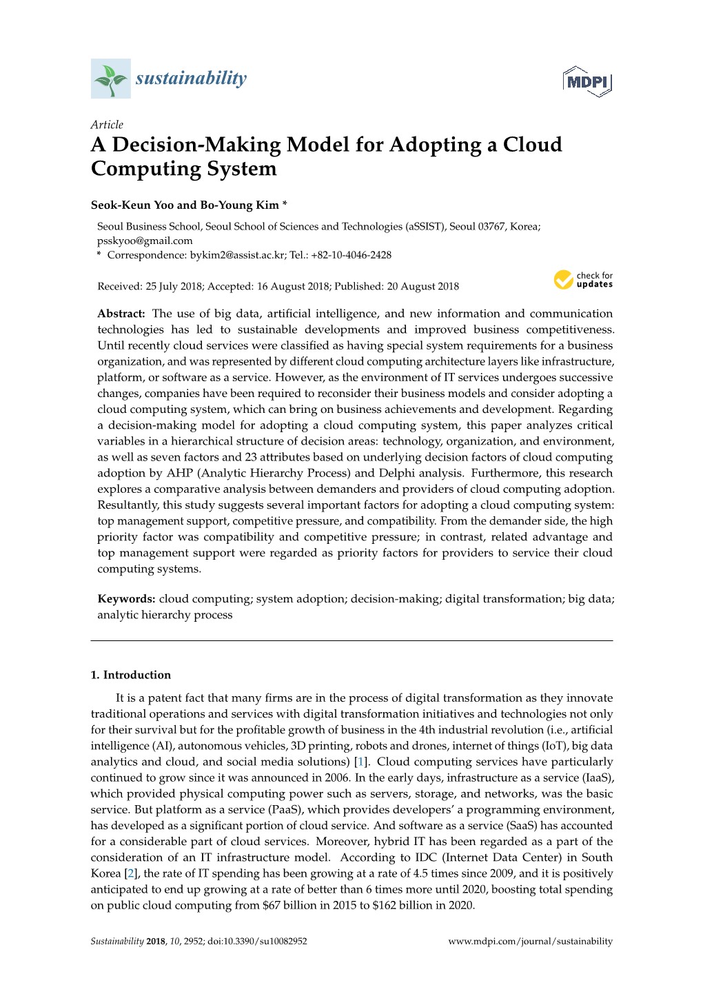 A Decision-Making Model for Adopting a Cloud Computing System