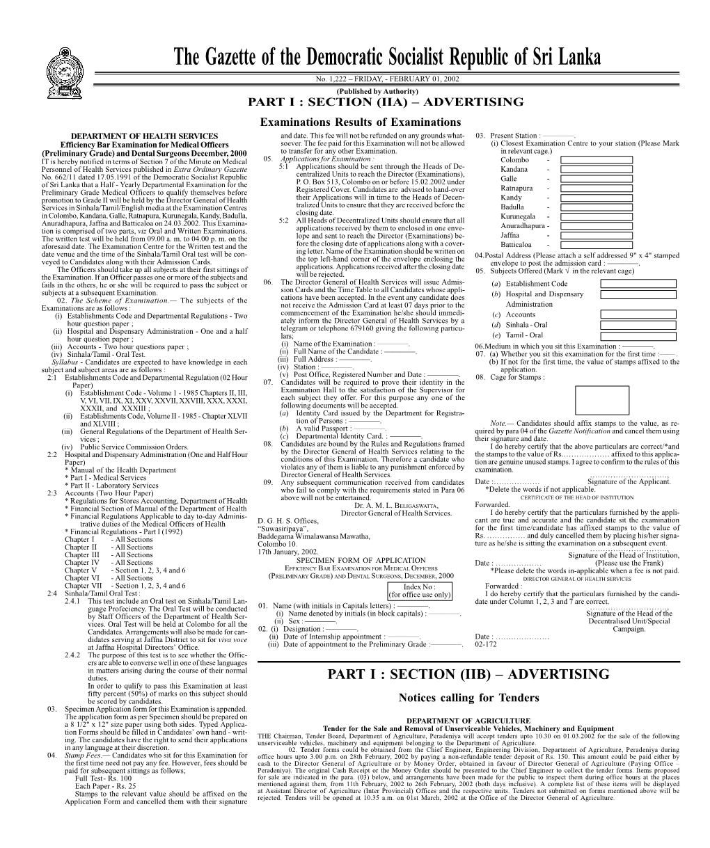 The Gazette of the Democratic Socialist Republic of Sri Lanka No