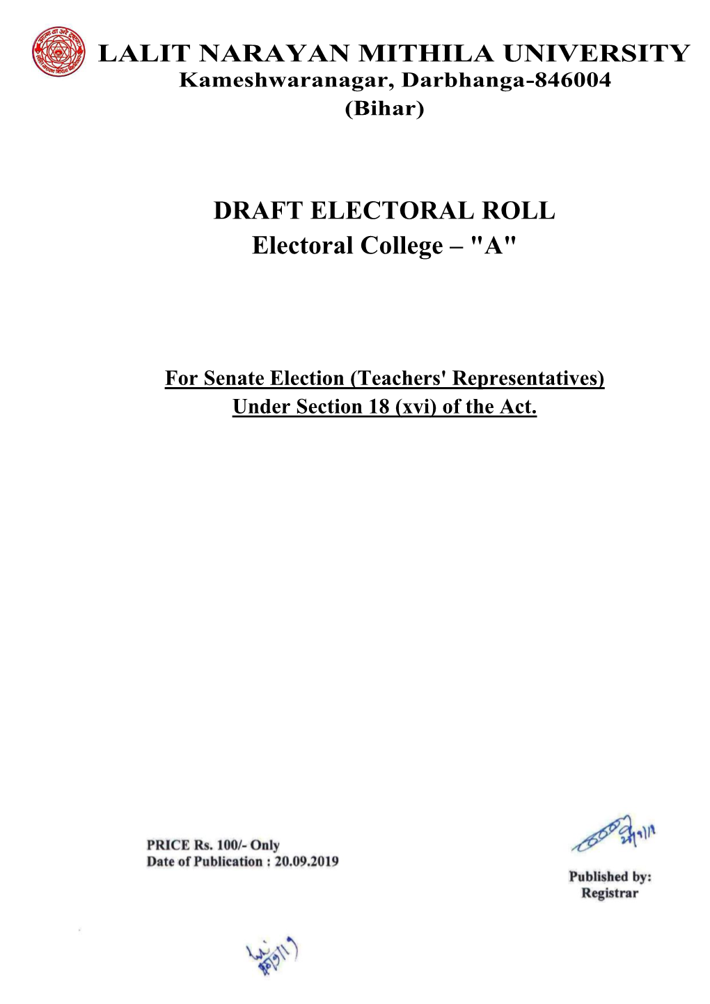 DRAFT ELECTORAL ROLL Electoral College – "A"