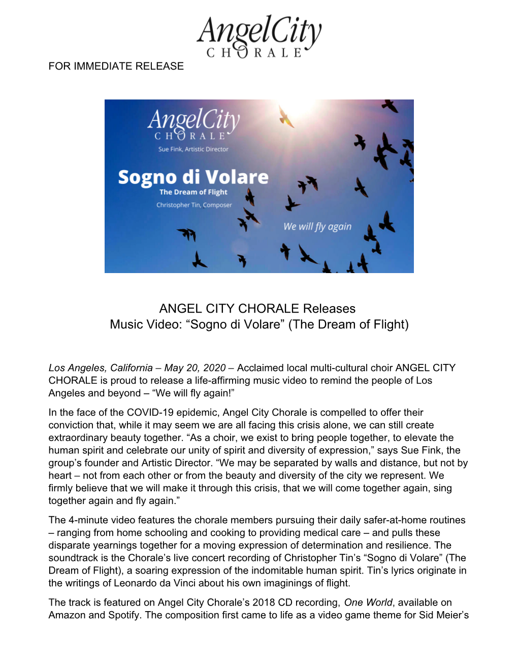 ANGEL CITY CHORALE Releases Music Video: “Sogno Di Volare” (The Dream of Flight)