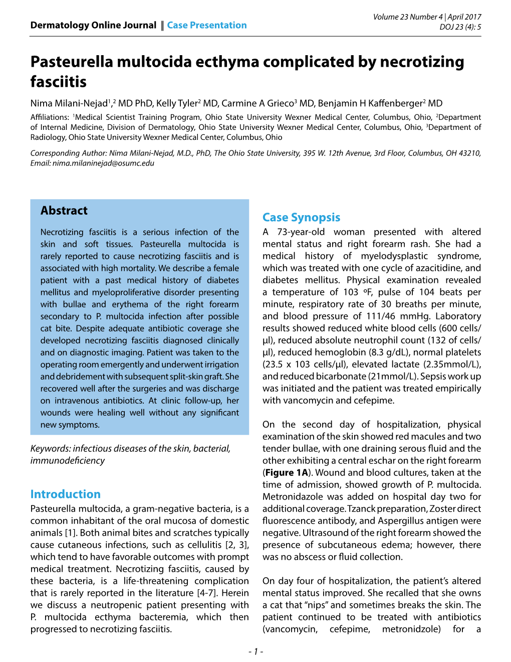 Pasteurella Multocida Ecthyma Complicated by Necrotizing Fasciitis