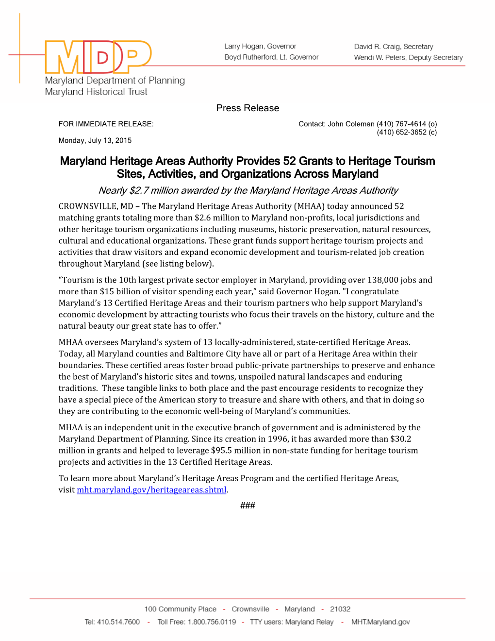 Maryland Heritage Areas Authority Provides 52 Grants to Heritage Tourism Sites, Activities