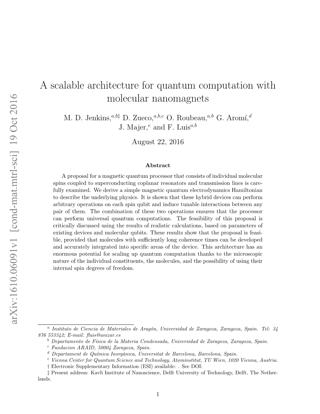 A Scalable Architecture for Quantum Computation with Molecular Nanomagnets
