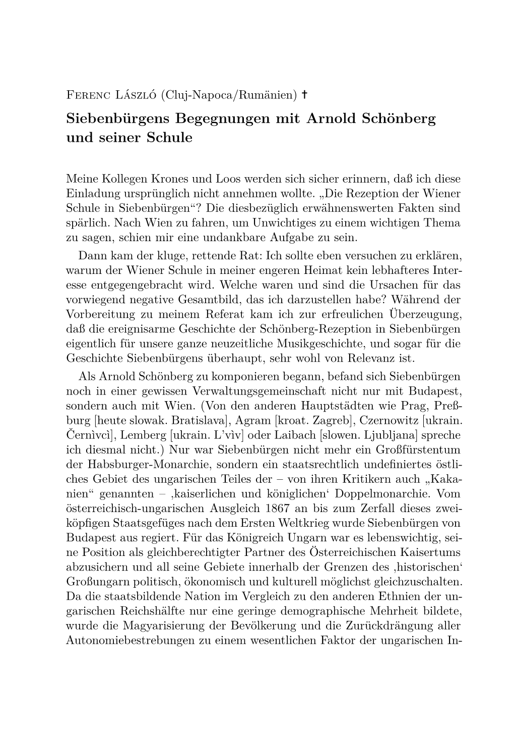 Siebenbürgens Begegnungen Mit Arnold Schönberg Und Seiner Schule