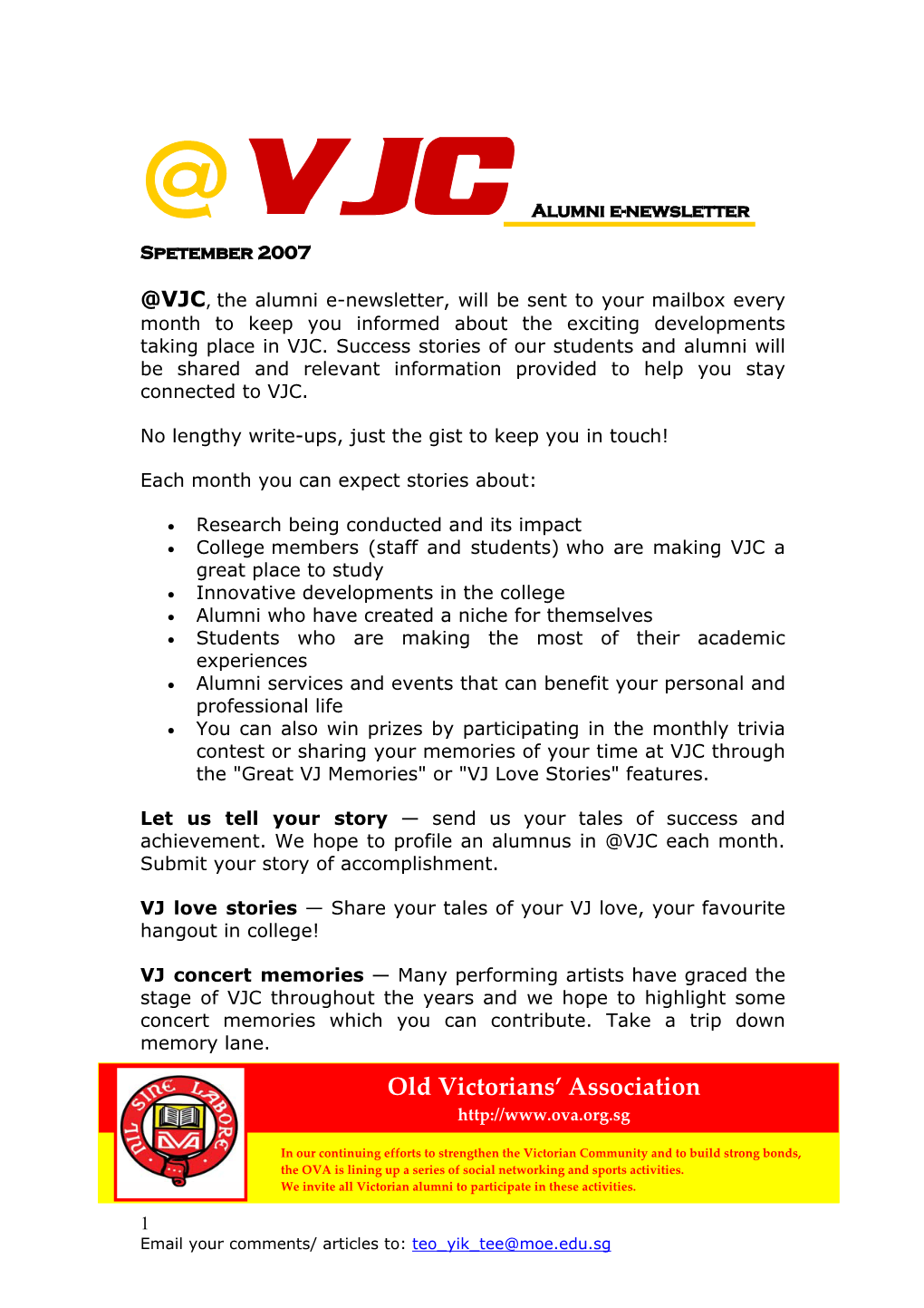 VJC Alumni E-Newsletter Spetember 2007