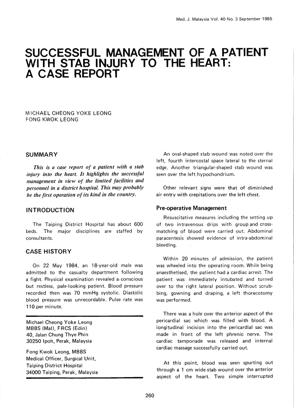Successful Management of a Patient with Stab Injury to the Heart: a Case Report