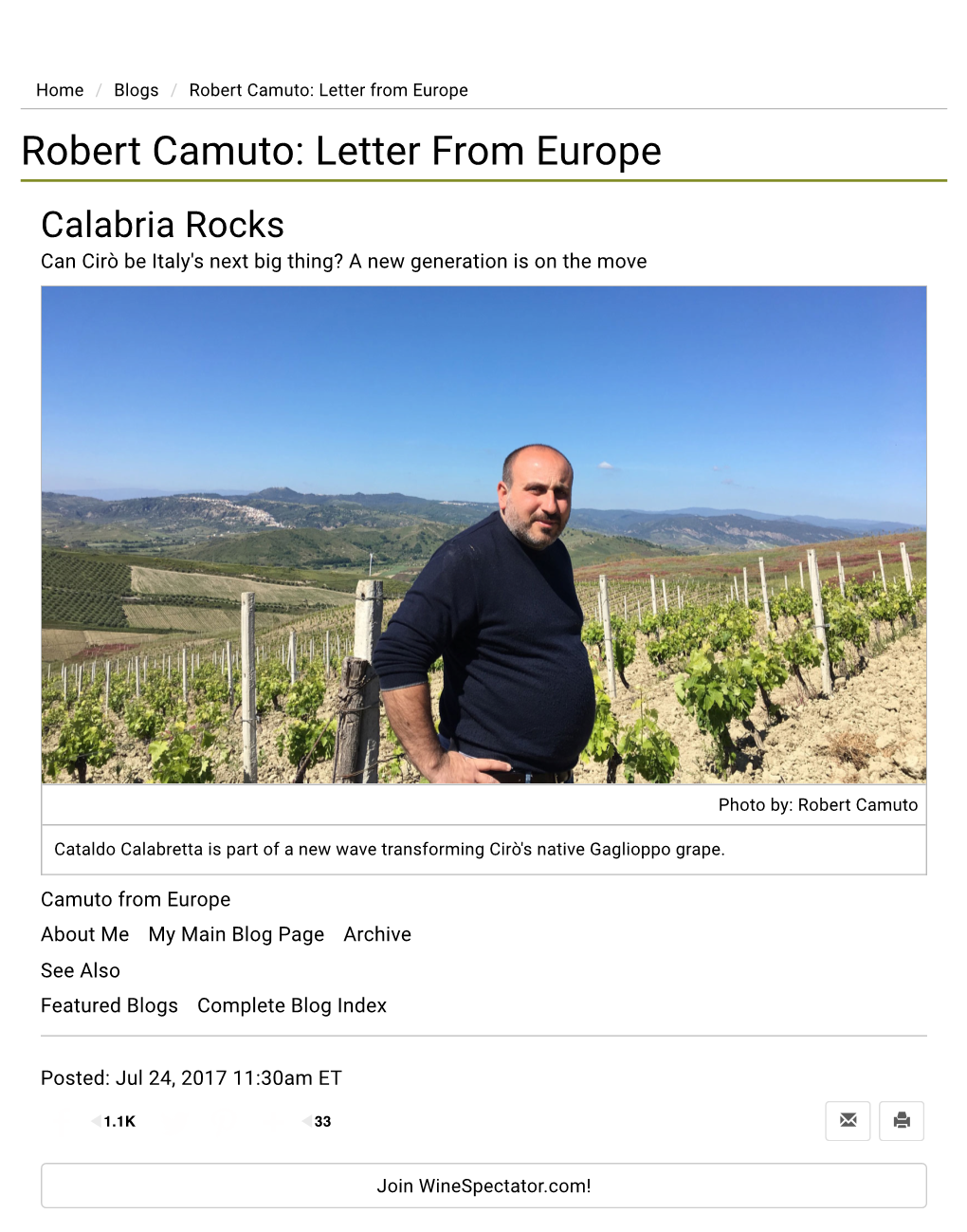 Robert Camuto: Letter from Europe Robert Camuto: Letter from Europe Calabria Rocks Can Cirò Be Italy's Next Big Thing? a New Generation Is on the Move