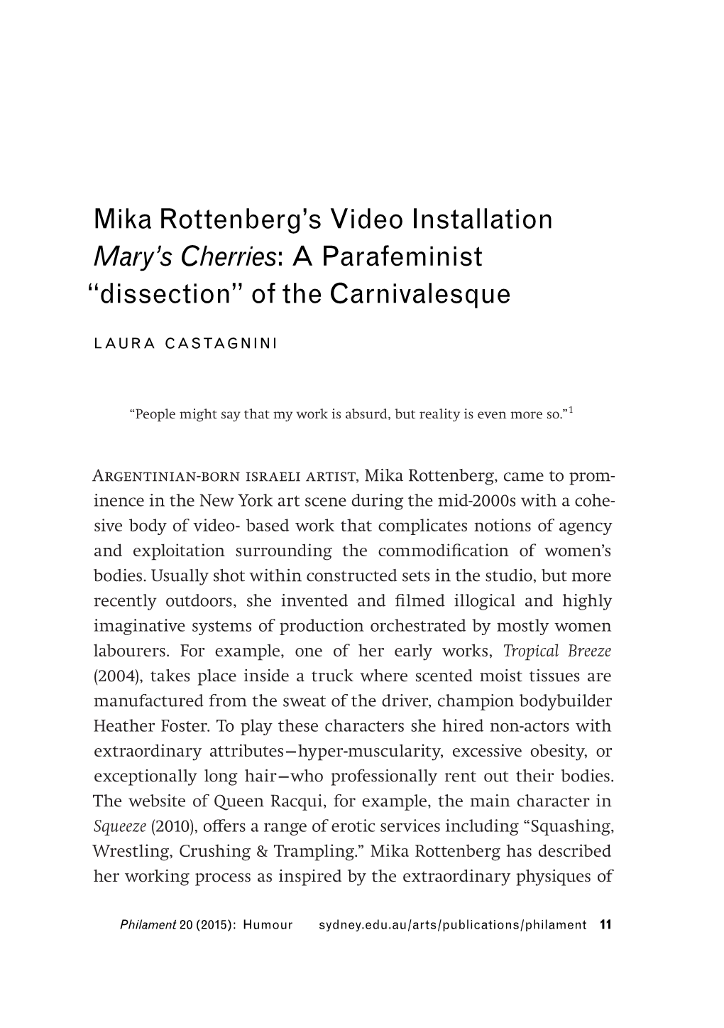 Mika Rottenberg's Video Installation Mary's Cherries: a Parafeminist “Dissection” of the Carnivalesque