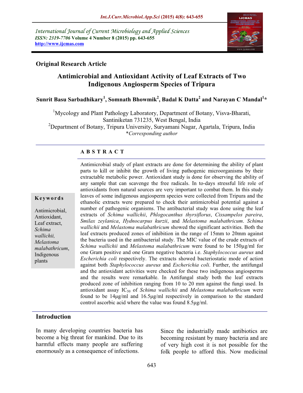 Antimicrobial and Antioxidant Activity of Leaf Extracts of Two Indigenous Angiosperm Species of Tripura