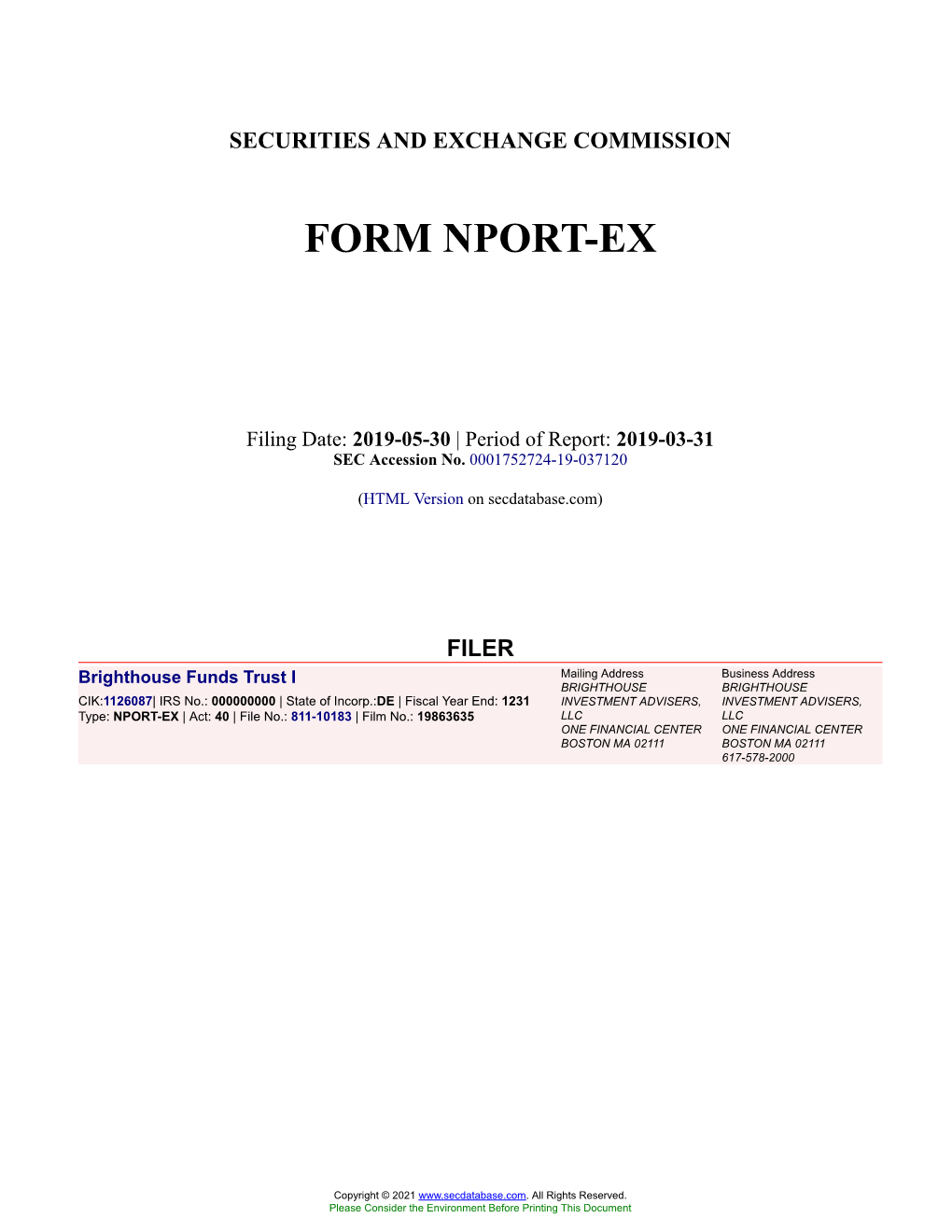 Brighthouse Funds Trust I Form NPORT-EX Filed 2019-05-30