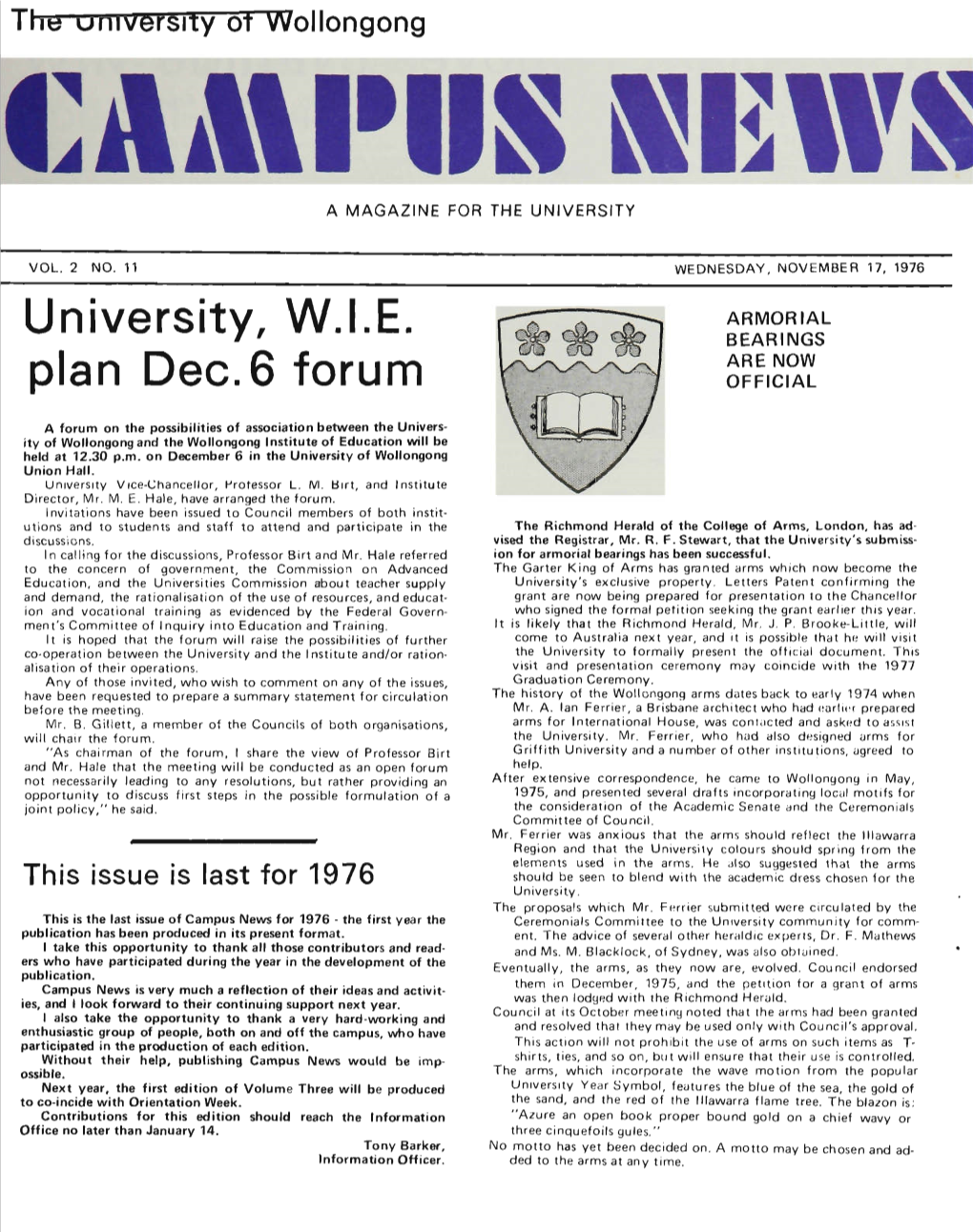 University of Wollongong Campus News 17 November 1976