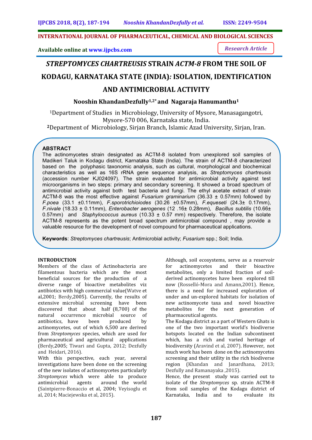 Streptomyces Chartreusis Strain Actm-8 from the Soil of Kodagu