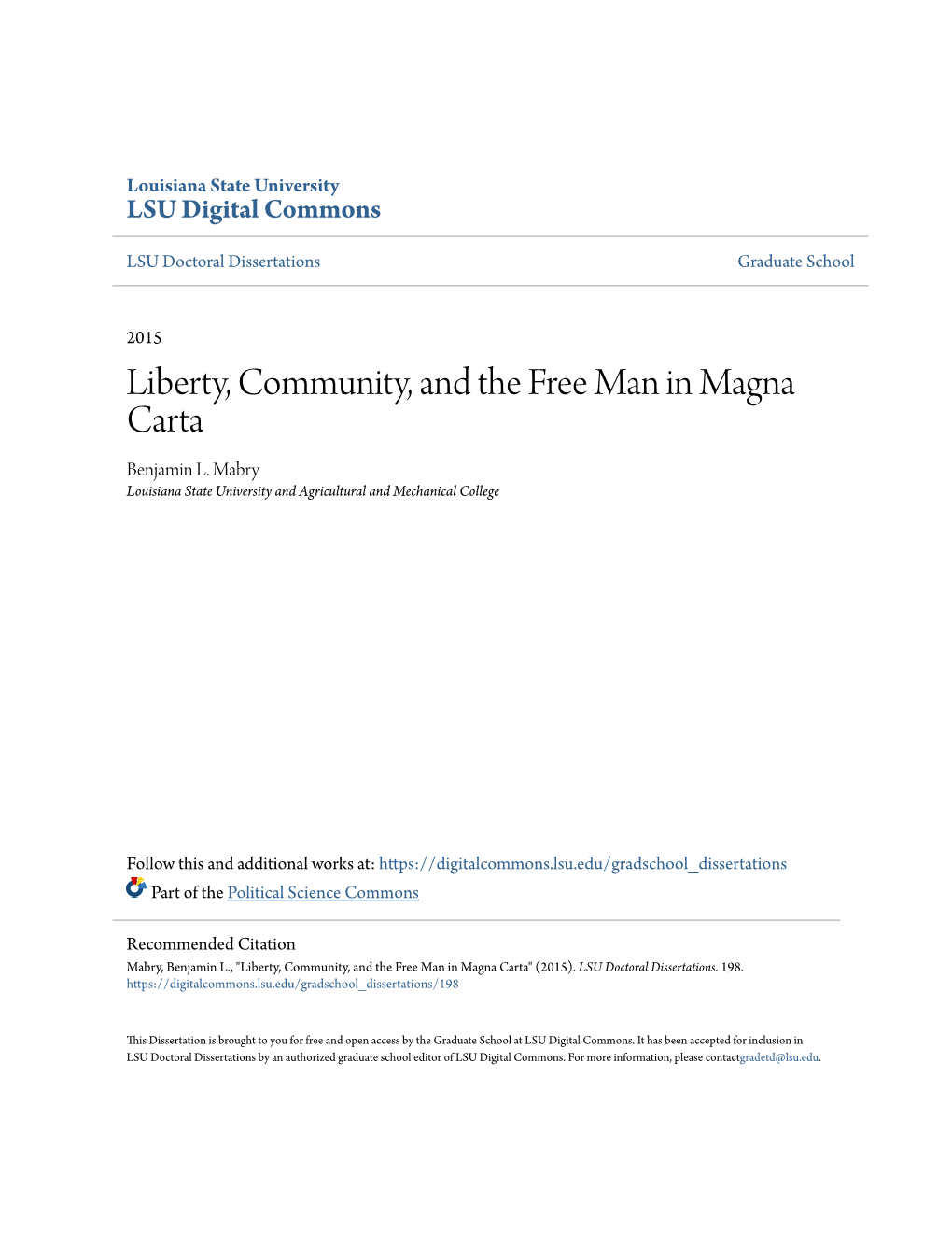Liberty, Community, and the Free Man in Magna Carta Benjamin L