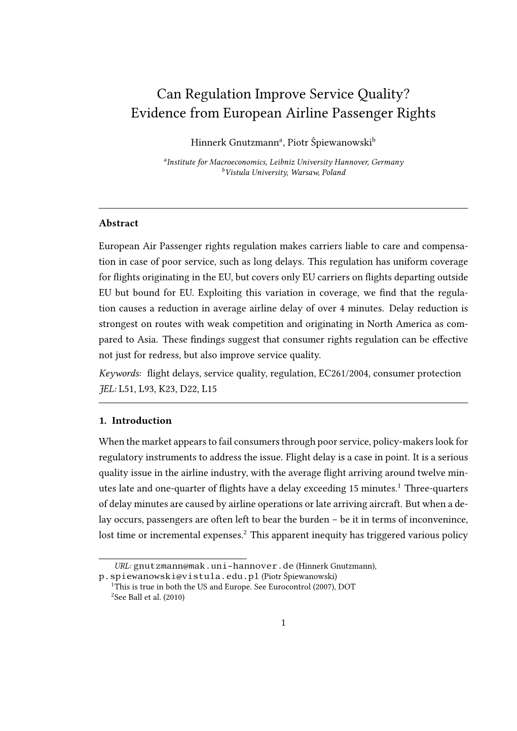 Can Regulation Improve Service Quality? Evidence from European Airline Passenger Rights