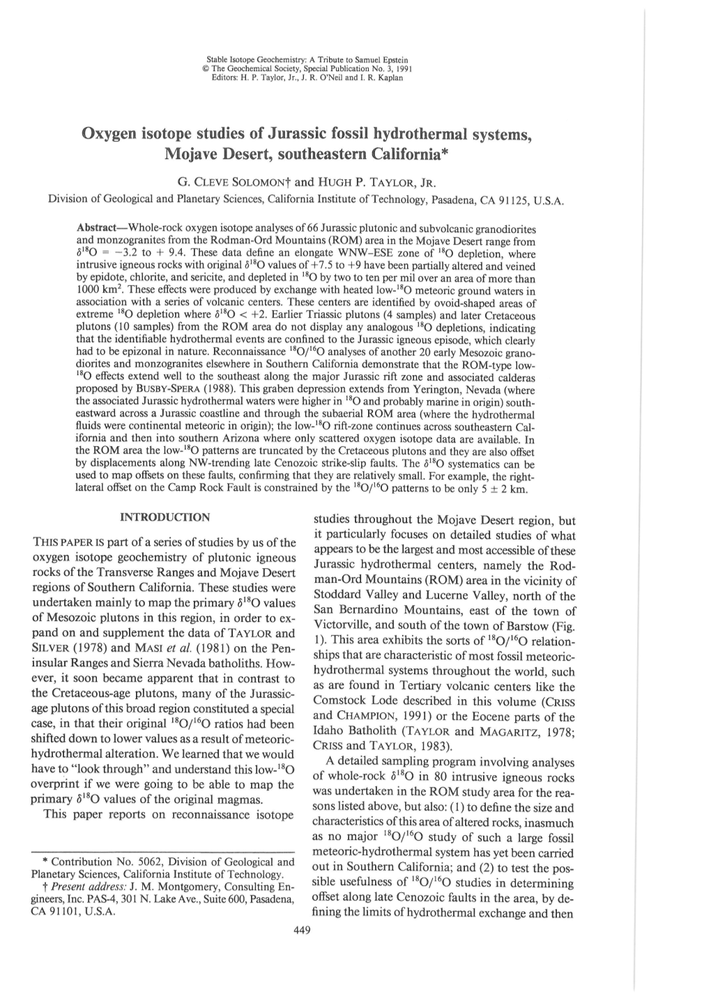 Oxygen Isotope Studies of Jurassie Fossil Hydrothermal Systems, Mojave Desert, Southeastern California*