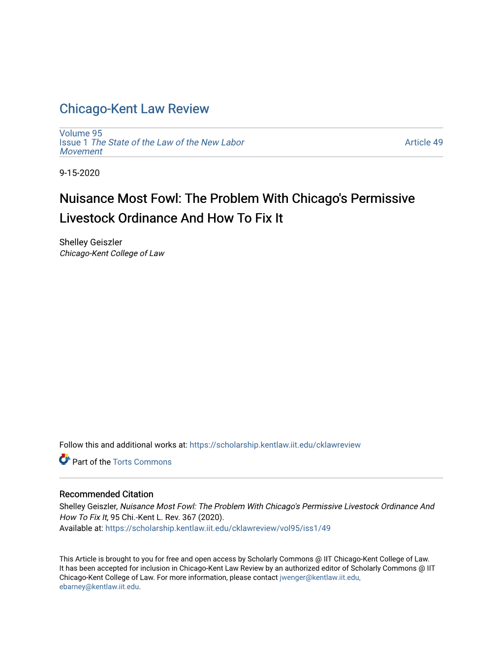 Nuisance Most Fowl: the Problem with Chicago's Permissive Livestock Ordinance and How to Fix It