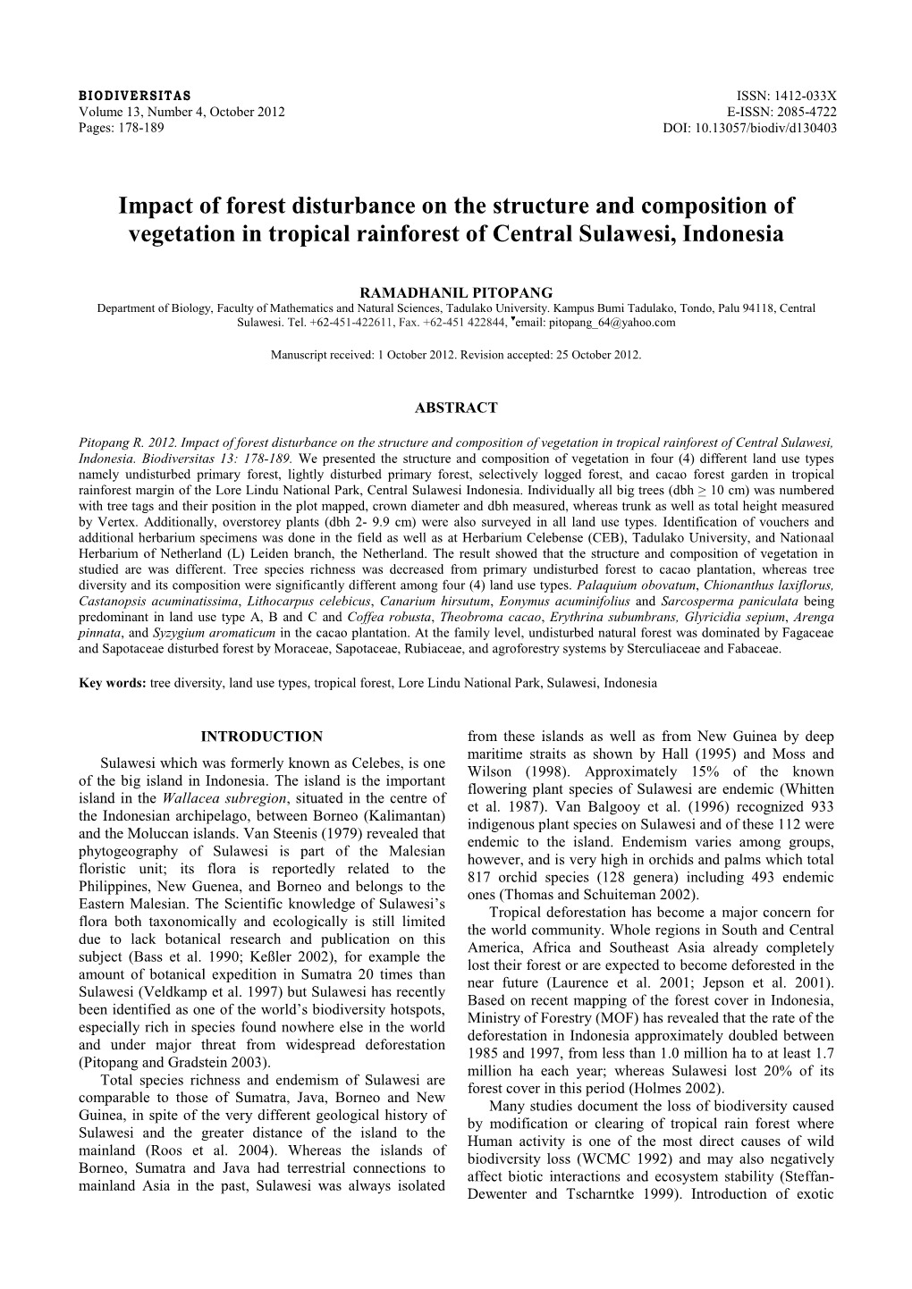 Impact of Forest Disturbance on the Structure and Composition of Vegetation in Tropical Rainforest of Central Sulawesi, Indonesia