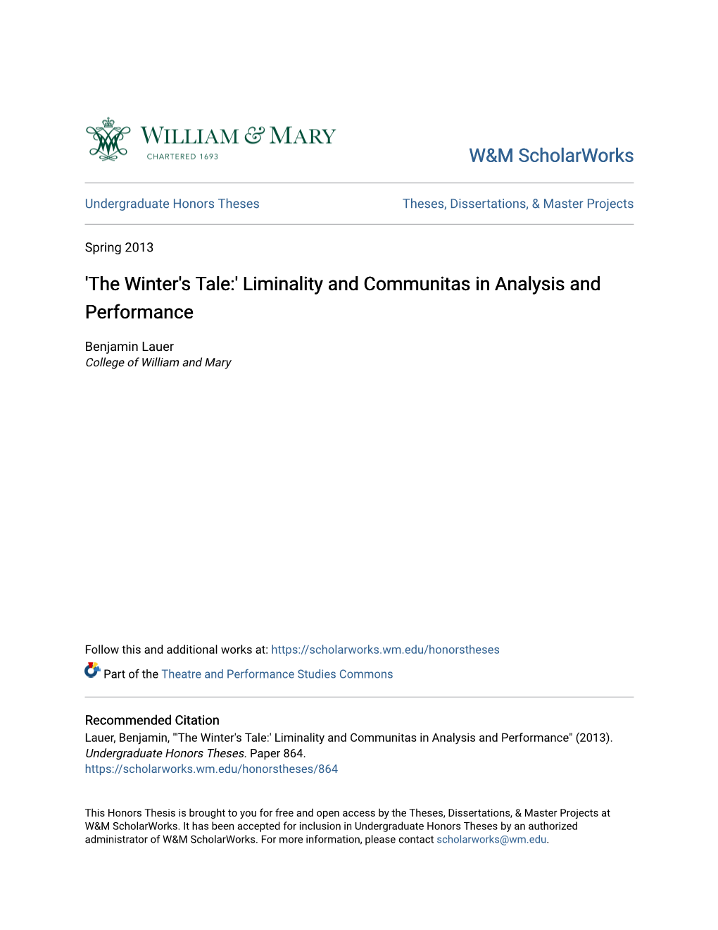 'The Winter's Tale:' Liminality and Communitas in Analysis and Performance